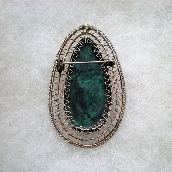 Vintage LARGE Israel Sterling Silver 925 Eilat Stone Filigree Brooch Pin Pendant - Picture 3 of 4